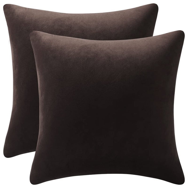 DEZENE Euro Sham Covers 24x24 Chocolate Brown: Pack of 2 Cozy Soft Velvet Square Modern Luxury Decorative Throw Pillow Cases for Sofa Couch Living Room Bed Home Decor - Image 1